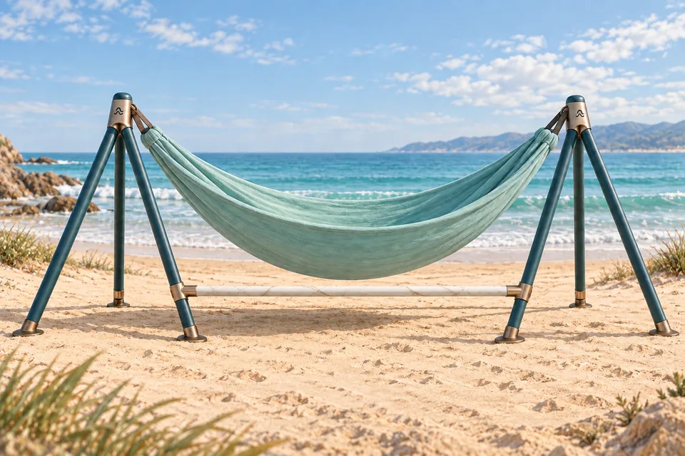 Concept illustration of an unoccupied SwayTide One hammock lounge on a beach, with a seafoam hammock, teal multi-leg supports, and a low connecting bar.